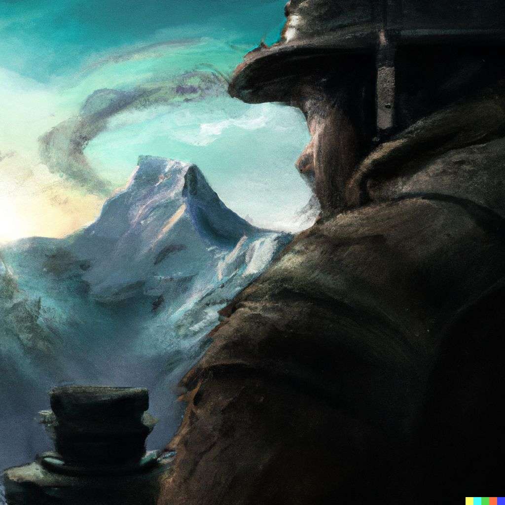 someone gazing at Mount Everest, digital art, steampunk